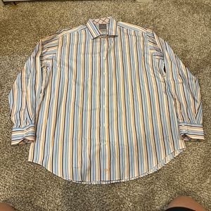 Thomas Dean Blue/Orange/White Striped Casual Button-down Size XXL Dress Shirt